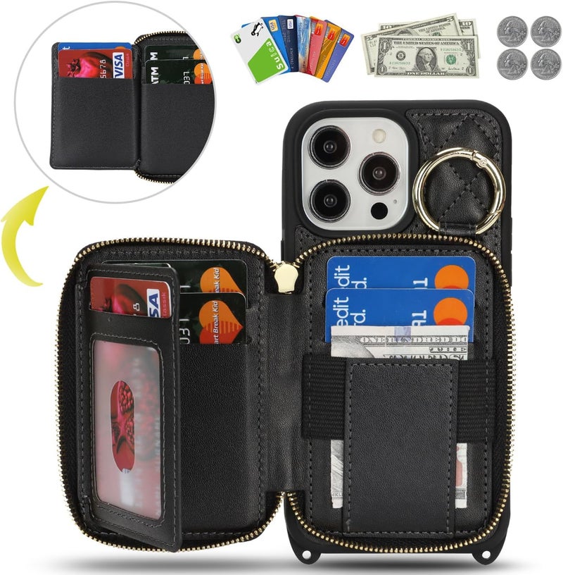 Hamany Crossbody Wallet Case for iPhone 14 Pro Max, PU Leather Zipper Handbag Purse Flip Cover, Kickstand Folio Case with Card Slots Holder Wrist Strap Lanyard 5G 6.7 Inch-Black - Image 2